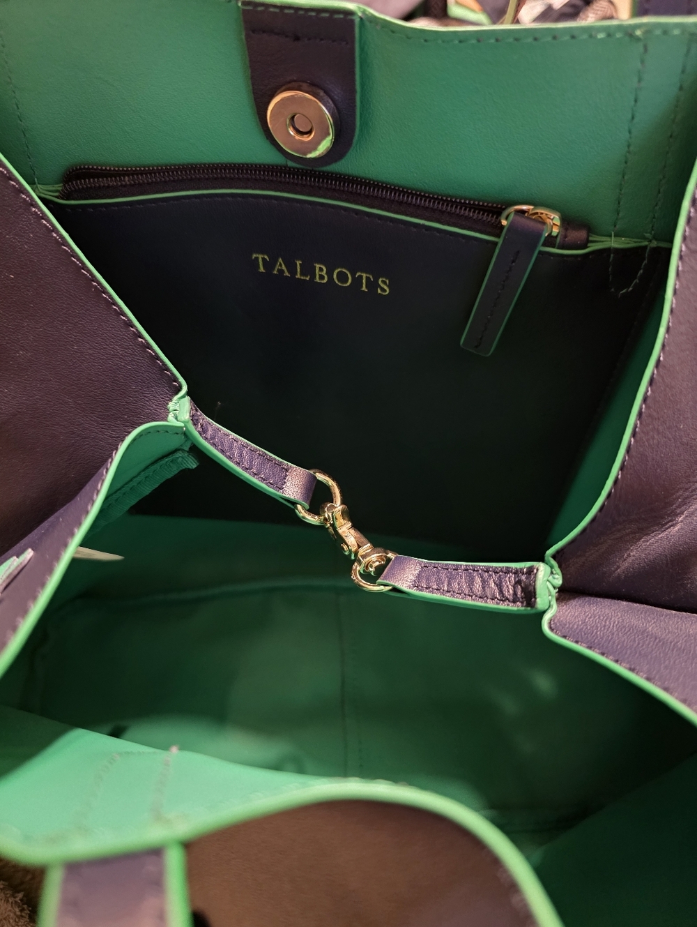 TALBOTS Navy Leather Tote Bag with Teal Floral Accents - Picture 3 of 6